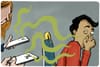 A man holds his nose to protect it from the green odours emanating from two women's phones, which show the social network X.